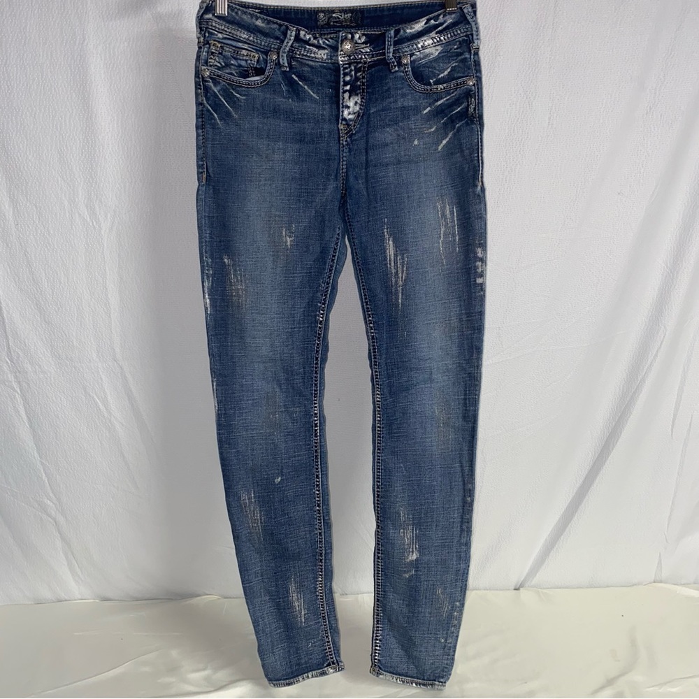 Silver Jeans Suki Super Skinny With Shiny Silver Distressing, W 29 L 31